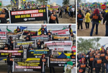 Montagem mostra servidores do SINDSEPEM/VAL durante o desfile dos 31 anos de Valparaíso de Goiás, com faixas e cartazes cobrando valorização, respeito às carreiras, transparência no IPASVAL, correta gestão do FUNDEB e convocação dos concursados.
