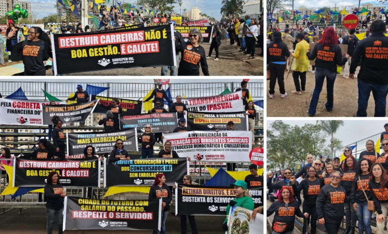 Montagem mostra servidores do SINDSEPEM/VAL durante o desfile dos 31 anos de Valparaíso de Goiás, com faixas e cartazes cobrando valorização, respeito às carreiras, transparência no IPASVAL, correta gestão do FUNDEB e convocação dos concursados.